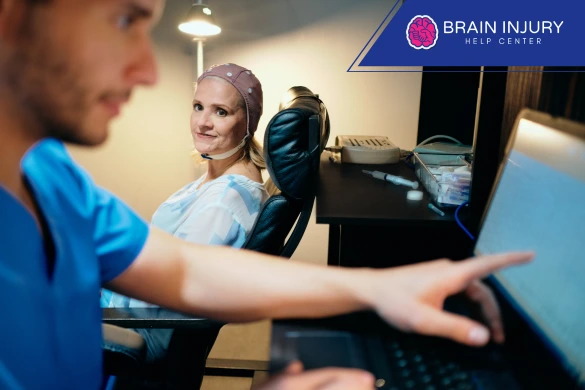 Mujer realizándose un escaneo cerebral en una clínica para lesiones cerebrales.