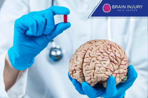 Médico sosteniendo un modelo cerebral y una cápsula roja.